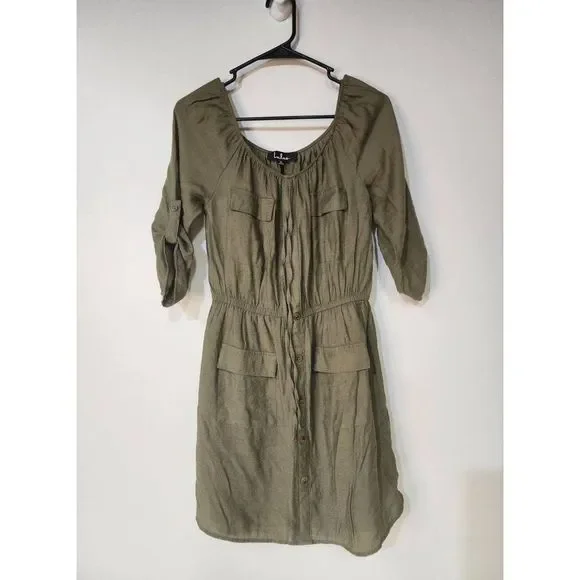 Lulus Etta Olive Green Button Front Off-the-Shoulder Dress good pre-owned condit - Picture 7 of 7